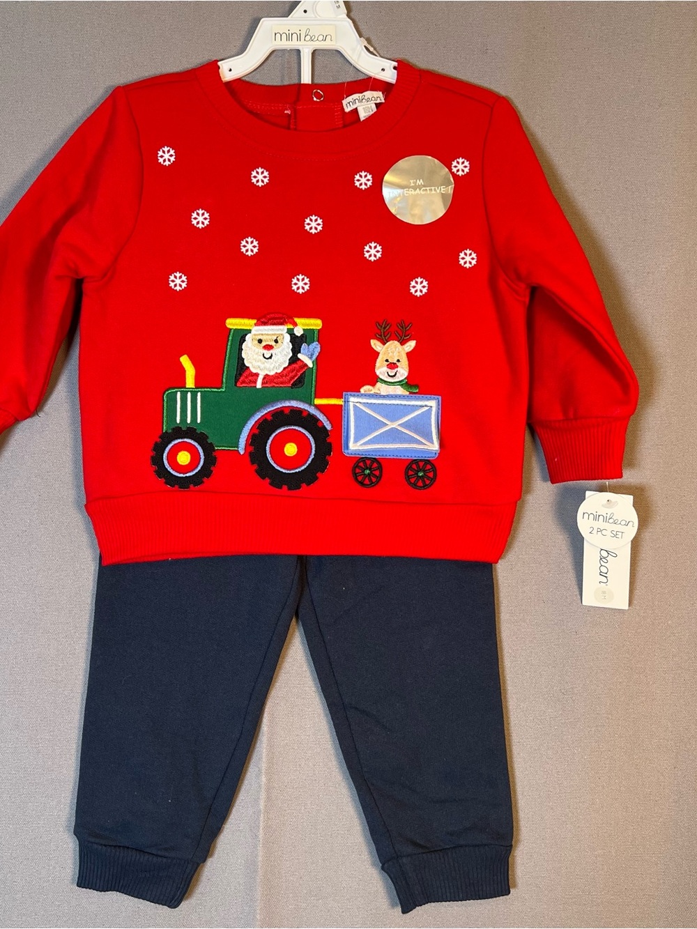 Mini Bean Red Santa Tractor Sweatshirt & Navy Pants Set 18 month Fun Flap Detail